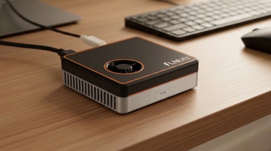 LNbitsBox — clean product photo in a friendly home setting LNbitsBox device on a desk