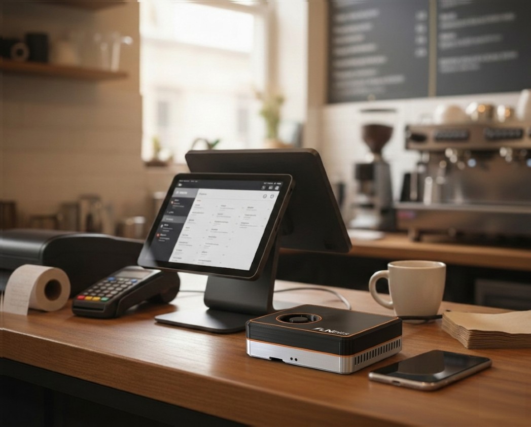 LNbitsBox — device next to a tablet showing a checkout screen LNbitsBox device next to a tablet showing a checkout screen